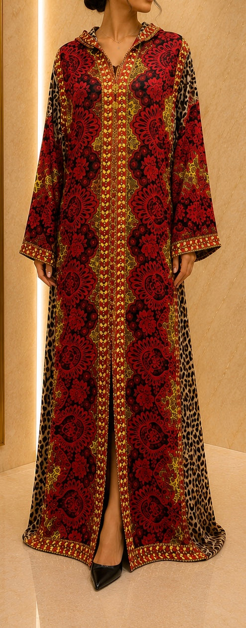 Djellaba Marocaine en Soie et Satin Imprimés – Rouge & Doré
