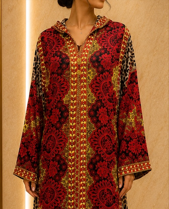 Djellaba Marocaine en Soie et Satin Imprimés – Rouge & Doré