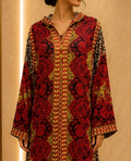 Djellaba Marocaine en Soie et Satin Imprimés – Rouge & Doré