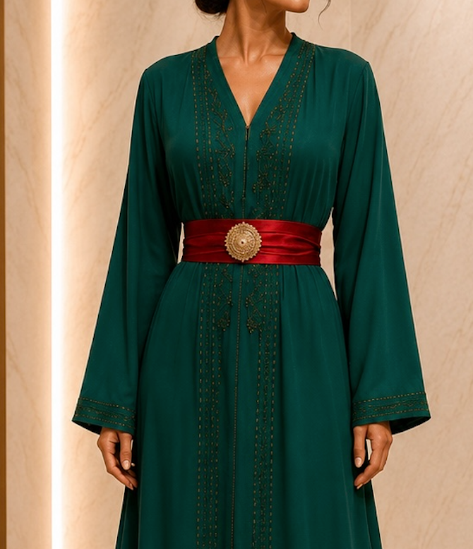 Caftan vert émeraude ceinturé de rouge