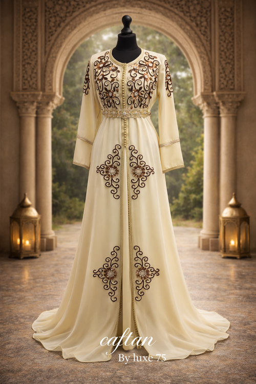 Sublime caftan couleur beige/crème, délicatement brodé de motifs raffinés