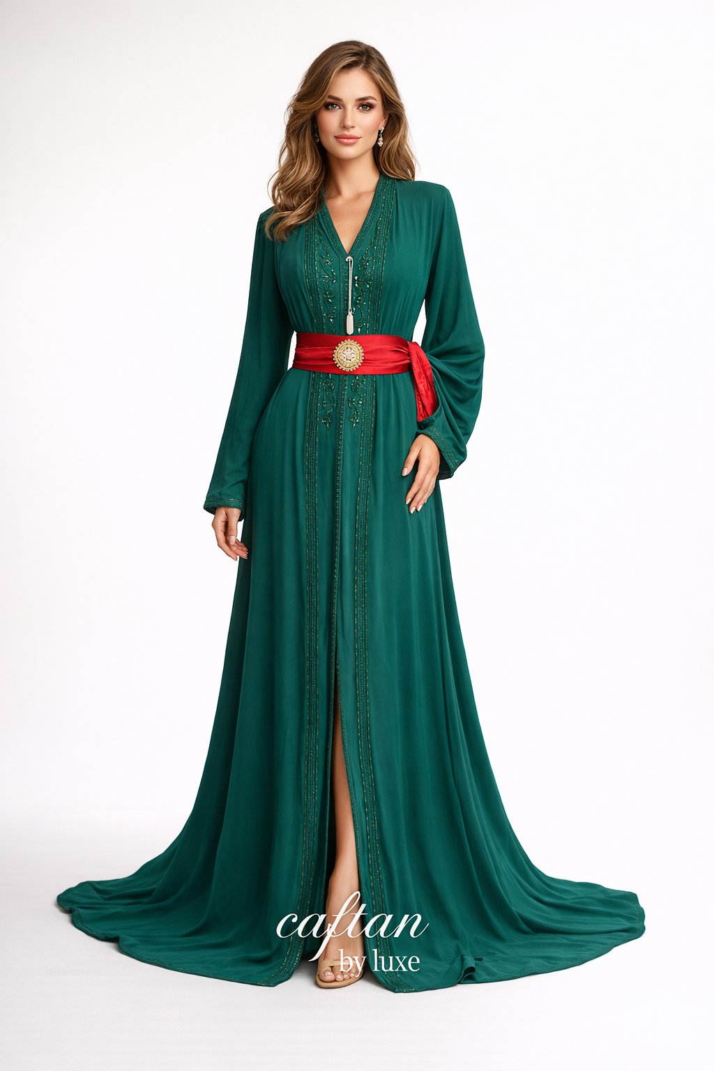 ✨ Caftan vert émeraude ceinturé de rouge ✨